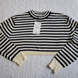 Zara Navy and Cream Striped Crop Knit Top Size XS